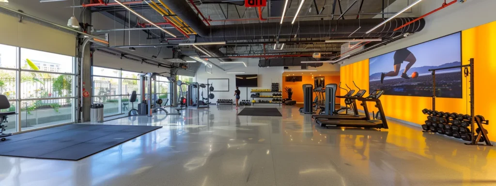 a bright, modern personal training studio in santa monica, showcasing an enthusiastic trainer guiding a client through a dynamic workout, with customized fitness equipment and motivational visuals on the walls creating a focused atmosphere for achieving fitness goals.