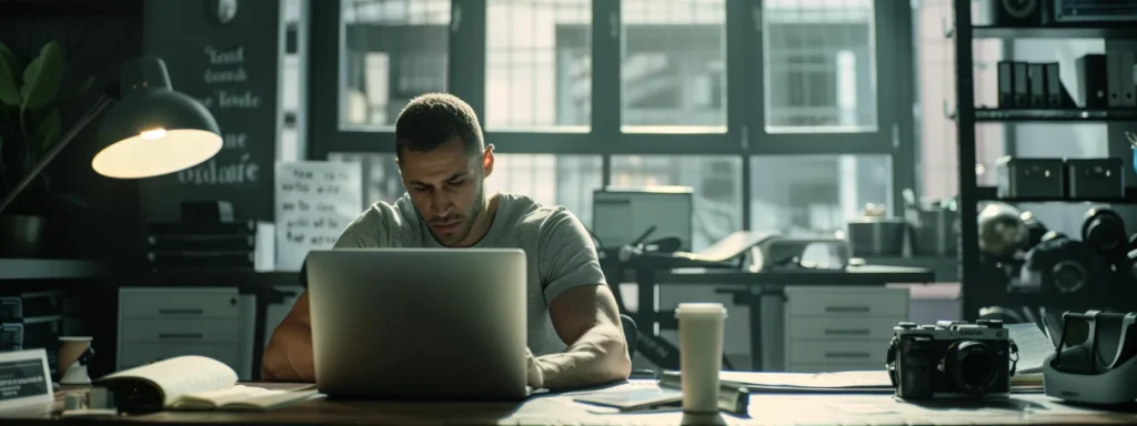 a focused individual sits at a modern office desk, intently reviewing a laptop screen filled with online reviews, trainer certifications, and client testimonials, surrounded by gym brochures and a notepad filled with fitness notes.