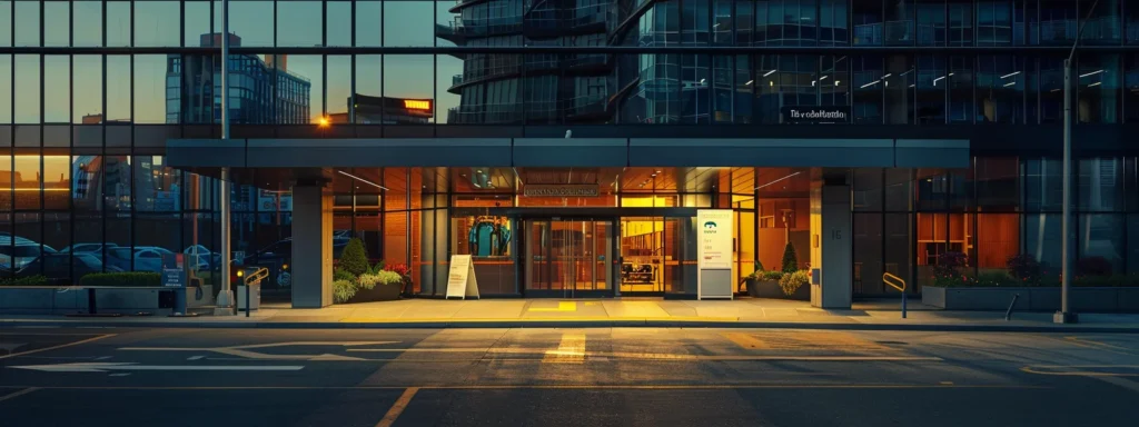 a modern fitness center facade, featuring clear signage and ample parking spaces, set against a bustling urban backdrop to highlight accessibility and convenience for busy individuals seeking to maintain their workout routine.
