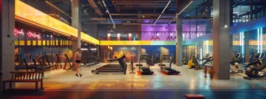 a modern, fully-equipped gym interior features diverse fitness zones with vibrant workout equipment and energetic individuals engaging in various exercises, highlighting the dynamic atmosphere of choosing the perfect fitness center.