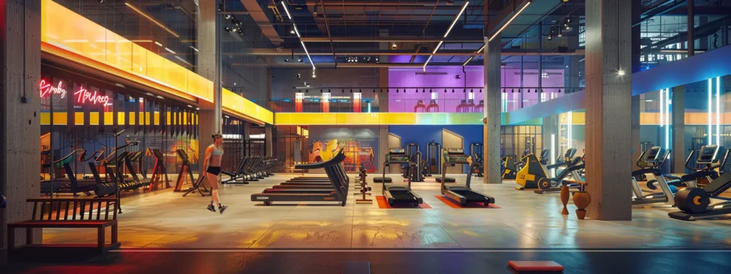 a modern, fully-equipped gym interior features diverse fitness zones with vibrant workout equipment and energetic individuals engaging in various exercises, highlighting the dynamic atmosphere of choosing the perfect fitness center.