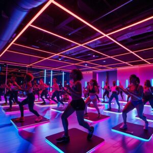 a modern gym studio with vibrant lighting showcases an intense group workout session, featuring diverse participants engaged in high-energy sweat60 exercises that visually emphasize the dedication and drive towards weight loss.