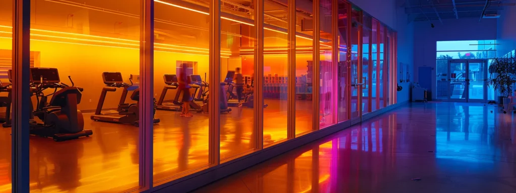 a modern, sleek fitness studio in santa monica features clients engaged in personalized training sessions, illuminated by warm artificial lighting and adorned with advanced gym equipment, highlighting the convenience of flexible training schedules and supportive after-hours options.