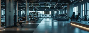 a sleek, modern gym interior showcases high-end training equipment, with personal trainers engaging clients in focused workout sessions, capturing an inspiring atmosphere of fitness and dedication.