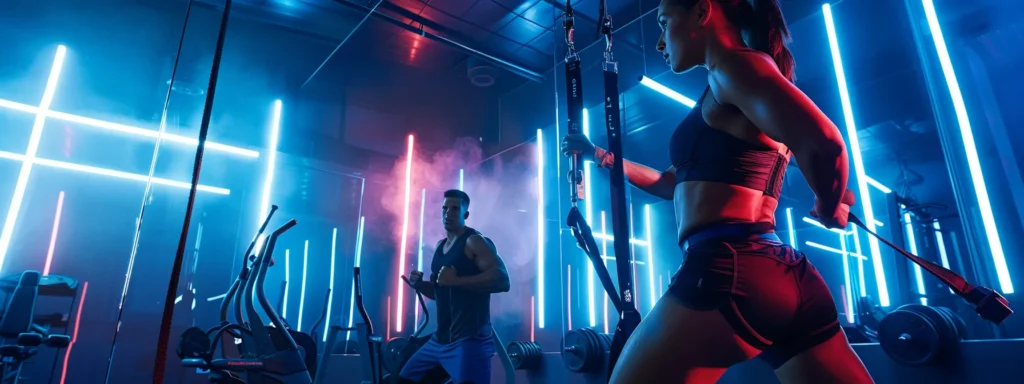 a sleek, modern private training gym interior features high-tech equipment and vibrant workout spaces, with a professional trainer guiding an engaged client through an intense training session under bright overhead lights.