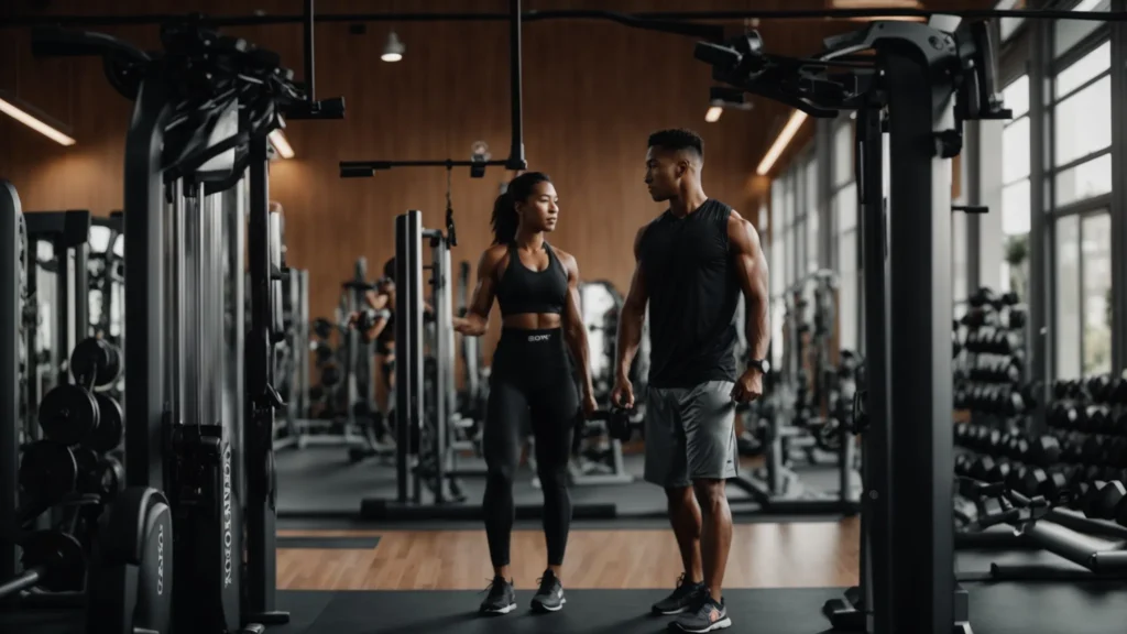a focused individual engages in a lively consultation with a personal trainer in a modern gym, surrounded by fitness equipment and motivational posters, illustrating the quest for personalized health goals.