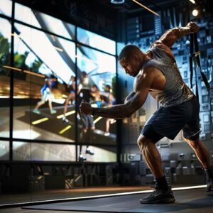 a determined individual engaged in an intense workout session inside a sleek, modern gym, surrounded by cutting-edge fitness equipment and motivational wall art, highlighting the transformation journey of personal training.