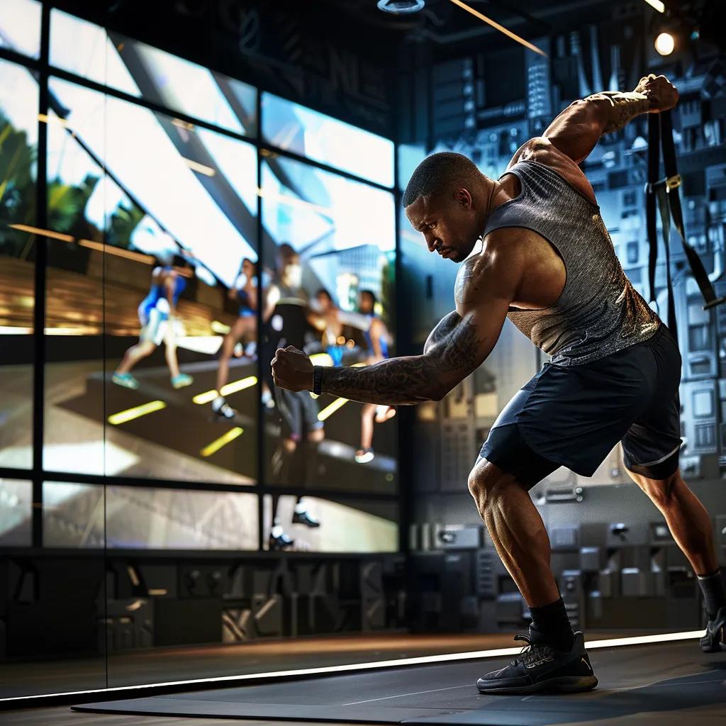 a determined individual engaged in an intense workout session inside a sleek, modern gym, surrounded by cutting-edge fitness equipment and motivational wall art, highlighting the transformation journey of personal training.