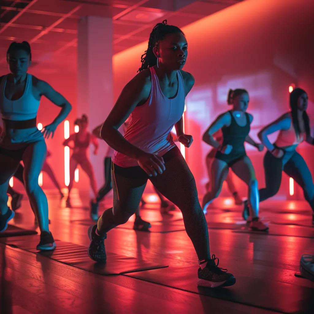 a dynamic indoor fitness studio showcases a small group personal training session, featuring diverse participants engaged in enthusiastic workouts under vibrant, focused lighting.