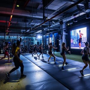 a dynamic small group personal training session in an expansive, well-lit urban gym, showcasing focused individuals engaged in varied exercises, surrounded by modern workout equipment and motivational wall art.