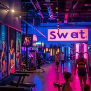 a dynamic urban gym filled with motivated individuals celebrating their impressive fitness transformations, surrounded by colorful motivational posters showcasing the “sweat 60” program success stories.