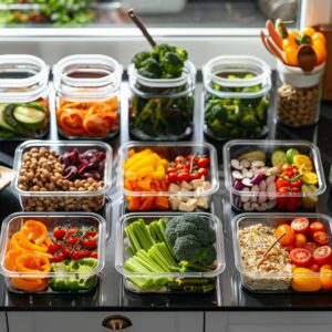 a sleek, modern kitchen displays an array of vibrant, nutritious meal prep containers filled with colorful vegetables and lean proteins, emphasizing the theme of a balanced diet for effective weight loss training.