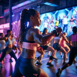 an energized fitness studio bustling with diverse individuals engaged in dynamic, high-intensity workouts, each showcasing determination and vitality against a backdrop of vibrant gym equipment and motivational wall graphics.