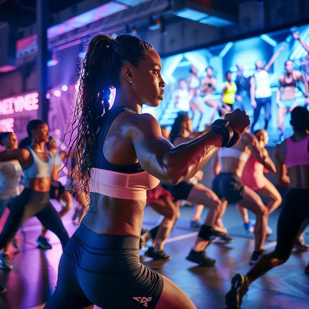 an energized fitness studio bustling with diverse individuals engaged in dynamic, high-intensity workouts, each showcasing determination and vitality against a backdrop of vibrant gym equipment and motivational wall graphics.
