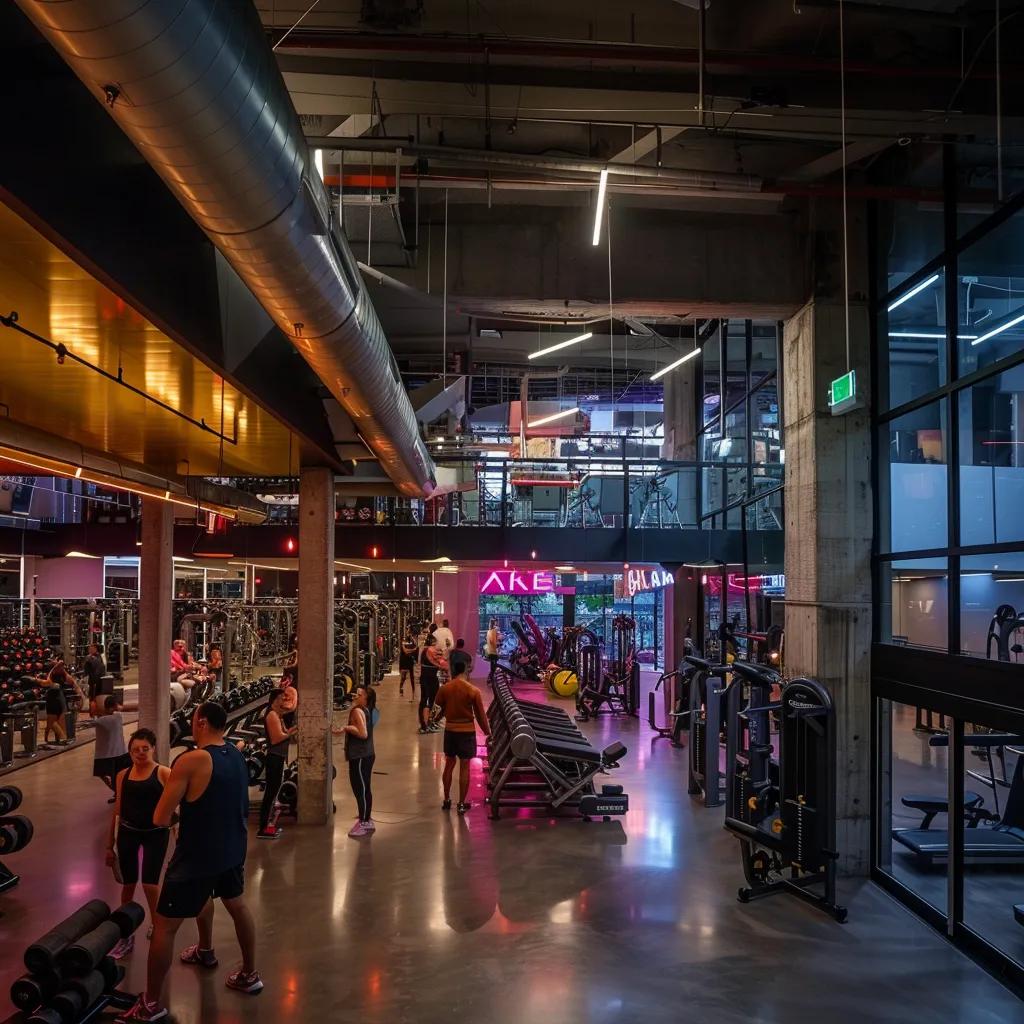 a bustling interior of a modern fitness center in los angeles, featuring vibrant, state-of-the-art gym equipment, energetic individuals engaging in various workout routines, and dynamic lighting that highlights the high-energy atmosphere.