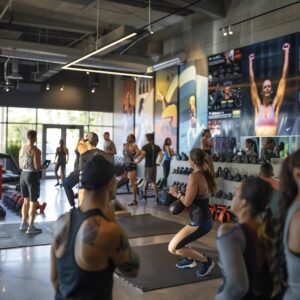 a dynamic indoor fitness studio filled with vibrant energy, showcasing a personal trainer enthusiastically guiding a diverse group of individuals engaged in various exercise routines, surrounded by modern workout equipment and motivational posters on the walls.
