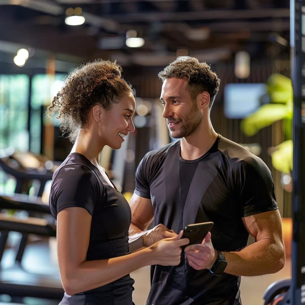 a focused personal trainer and a client engage in a lively discussion at a sleek, modern gym, surrounded by fitness equipment, as thought-provoking questions about nutrition are highlighted on a digital tablet.