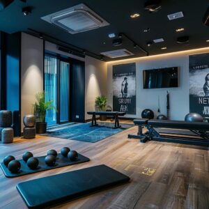 a sleek, modern private personal training studio features advanced fitness equipment arranged for an exclusive workout experience, with motivational quotes elegantly displayed on the walls to inspire clients on their fitness journeys.