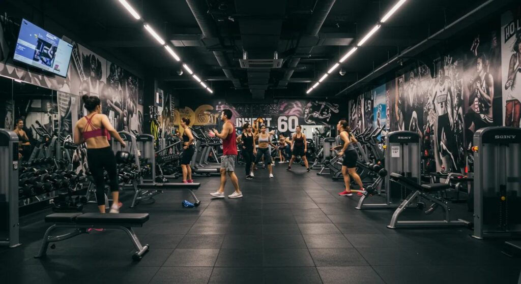 a dynamic interior shot of a vibrant gym bustling with energetic fitness enthusiasts, featuring state-of-the-art equipment and motivational wall art, showcasing the lively atmosphere of sweat 60 in santa monica.