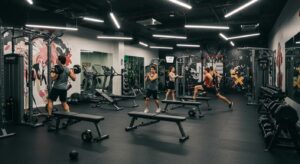 a dynamic indoor scene showcasing a sleek, modern personal training gym in culver city, filled with energetic individuals engaging in high-intensity workouts, vibrant gym equipment, and motivational wall art, illuminated by bright overhead lights and energetic, colorful accents.