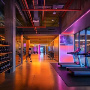a dynamic interior shot of a modern personal training gym in culver city, showcasing fitness enthusiasts engaged in intense workouts under vibrant led lighting and an energetic atmosphere.