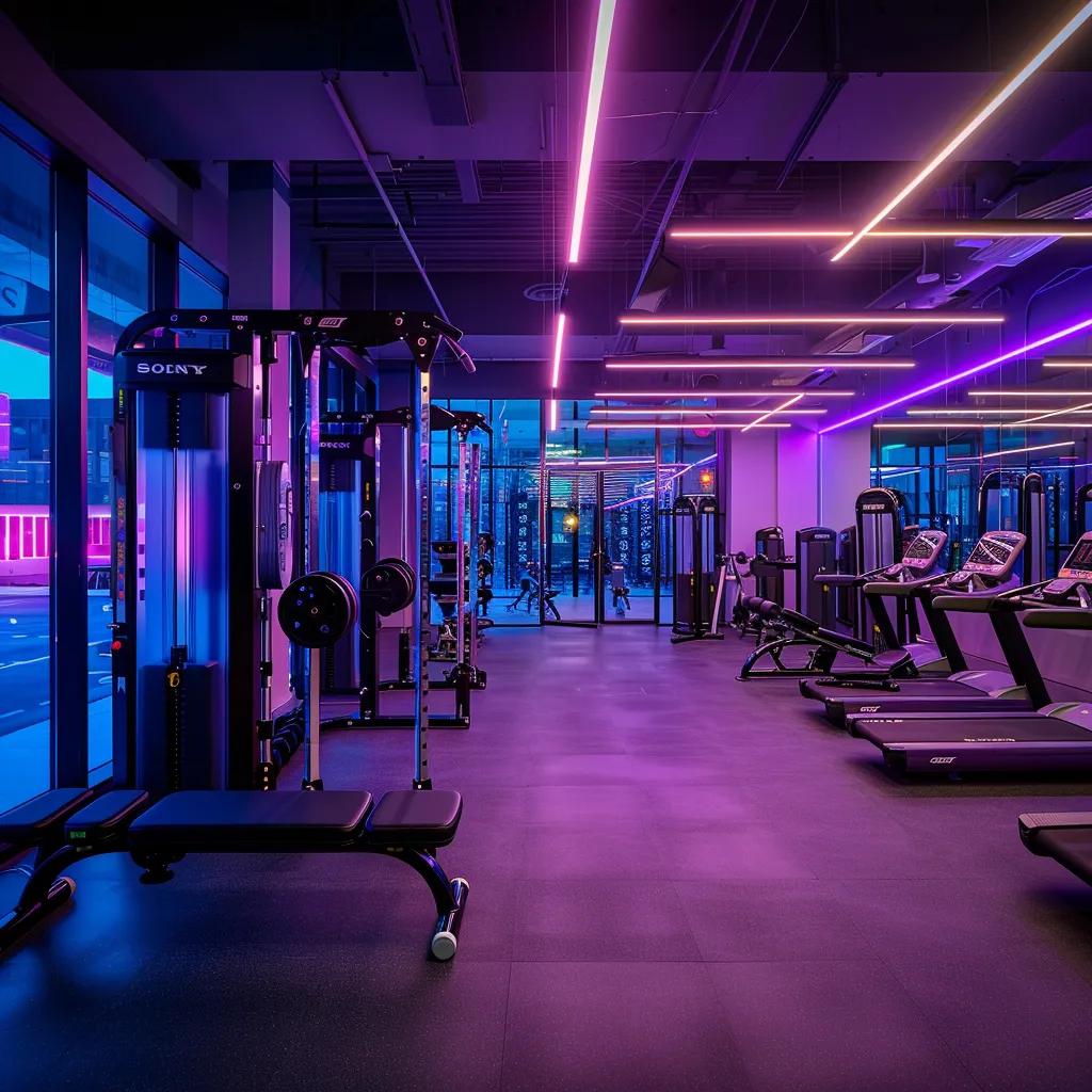 a modern fitness gym interior features sleek, high-end equipment and vibrant motivational posters, illuminated by dynamic led lighting, highlighting an inviting space for personal training and group classes.