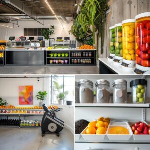 a sleek, modern nutrition coaching office in culver city, featuring bright workout equipment and vibrant food displays, emphasizing an energetic and motivating atmosphere for personal transformation.