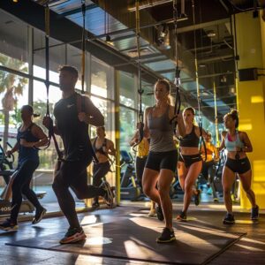 a dynamic indoor personal training session in a modern santa monica gym, showcasing an energetic small group engaging in various fitness activities with vibrant colors and motivating atmosphere.