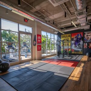a vibrant personal training studio in santa monica, filled with energetic beginners engaging in diverse workout routines, showcasing motivational posters and modern equipment against a backdrop of large windows revealing glimpses of the bustling urban environment outside.