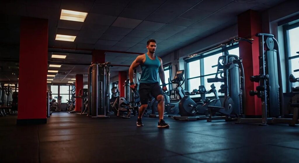 a vibrant indoor gym scene captures a motivated individual engaged in an energizing workout session, surrounded by modern equipment and dynamic energy reflecting the excitement of embarking on a fitness journey.