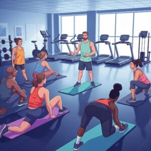 Small group personal training session in a modern gym, highlighting community and expert guidance