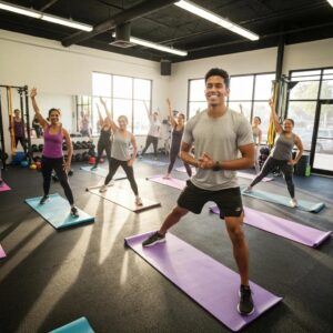 Personal trainer assisting a client in a gym, showcasing confidence and strength building