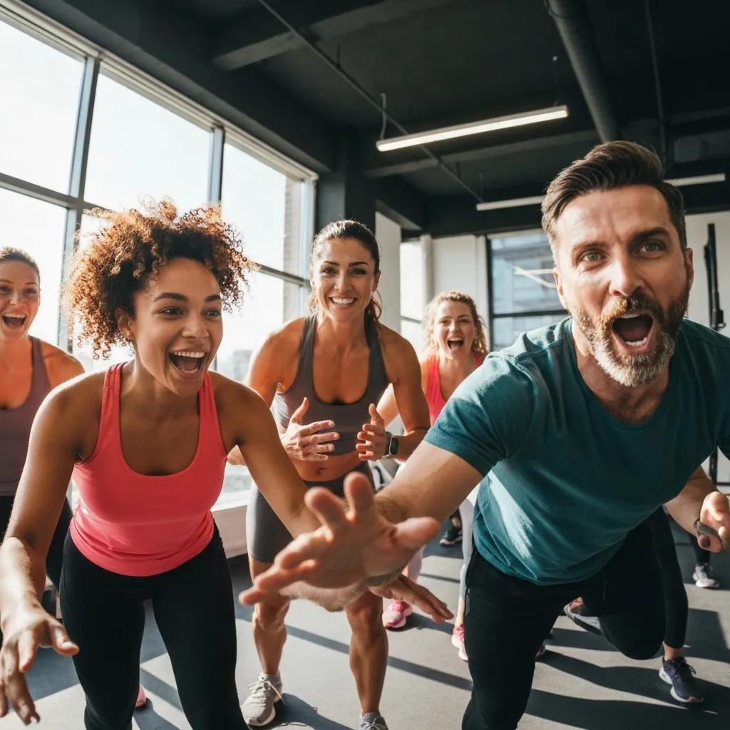 Participants in a small group training session motivating each other during a workout
