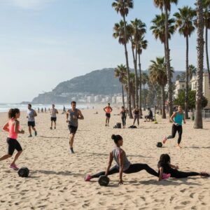 Small group personal training session on Santa Monica beach with diverse participants