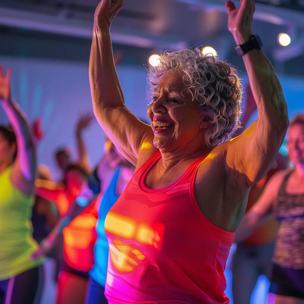 a vibrant and engaging group fitness class in a modern, well-lit studio, featuring enthusiastic adults aged 55 and over participating in an energizing workout session led by an inspiring instructor.