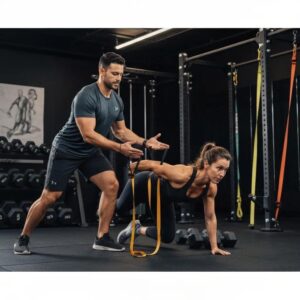 Personal trainer assisting a client with strength training in a modern gym