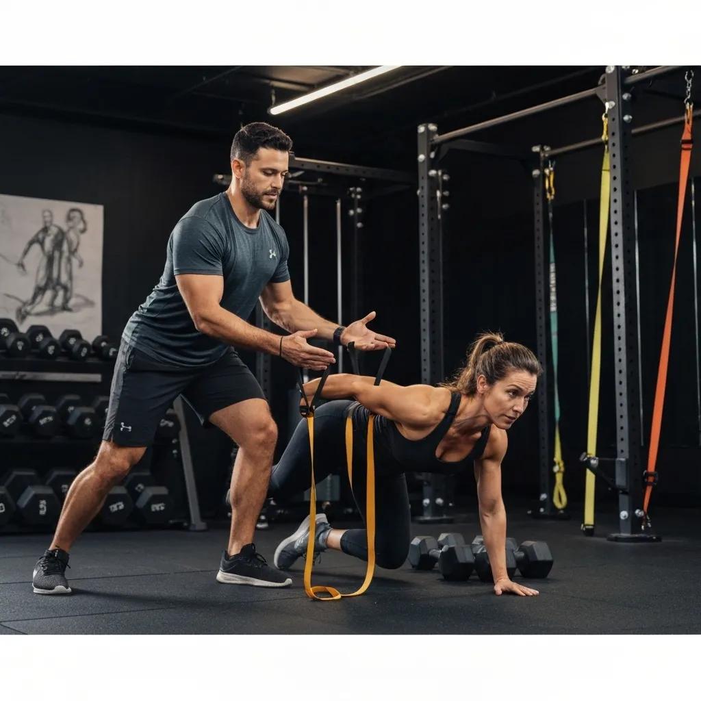 Personal trainer assisting a client with strength training in a modern gym
