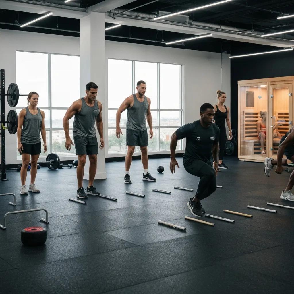 Athletes training at Sweat 60 in Santa Monica, showcasing diverse performance training exercises
