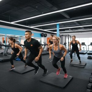 Group training session at Sweat 60 in Santa Monica, showcasing diverse individuals engaged in strength-building exercises