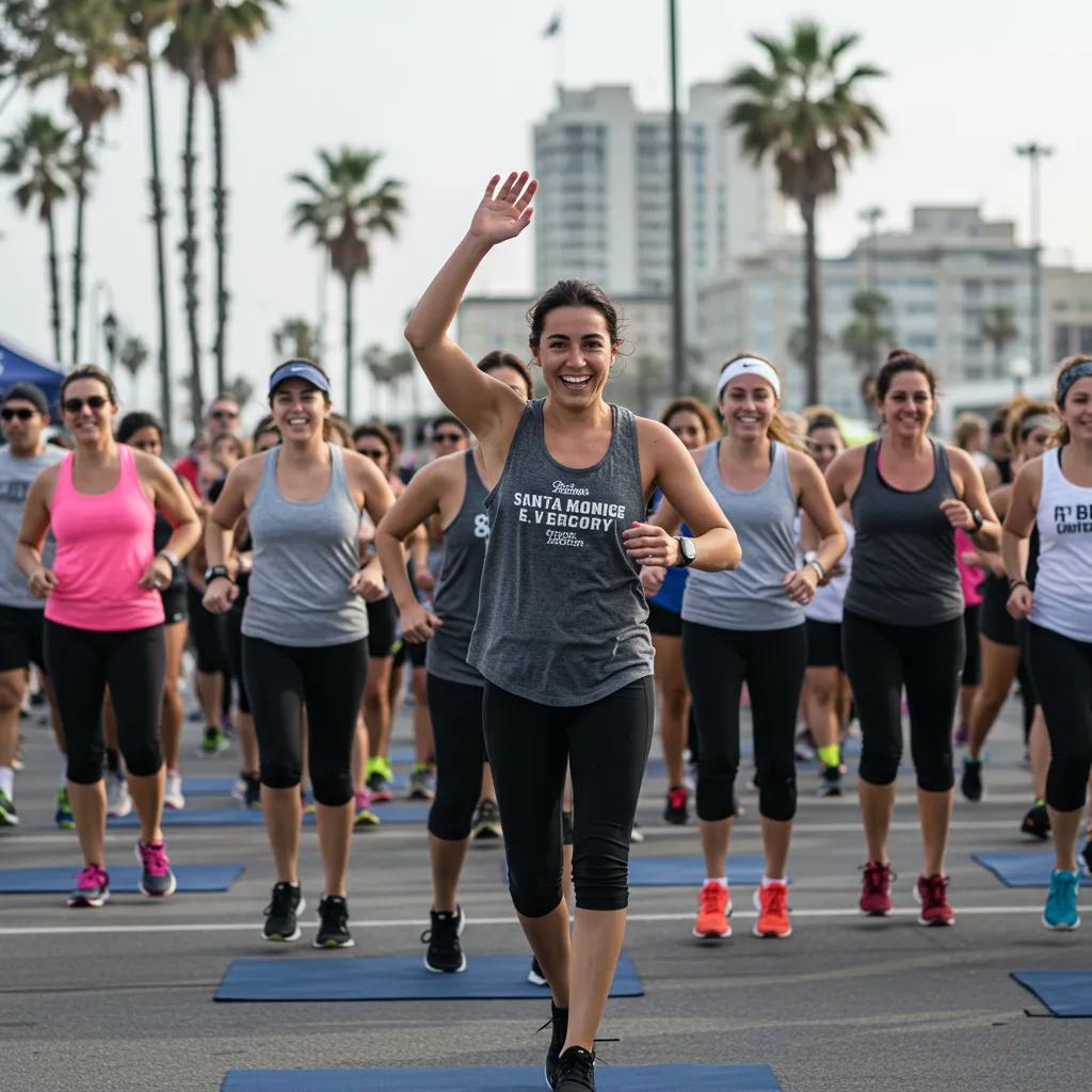 Community fitness event in Santa Monica with diverse participants engaging in activities