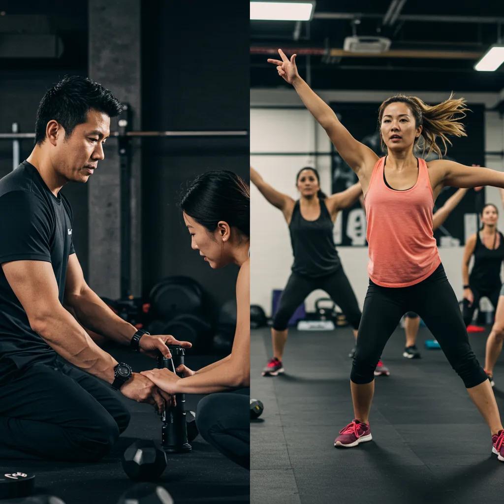 Comparison of personal training and small group training environments, showcasing different fitness approaches