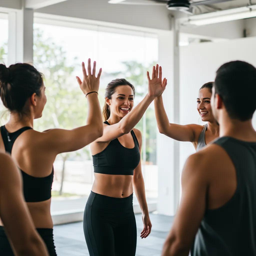 Group members encouraging each other during a fitness session, showcasing peer support