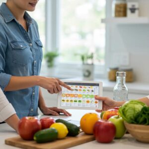 Nutrition coach and client discussing meal plans in a modern kitchen