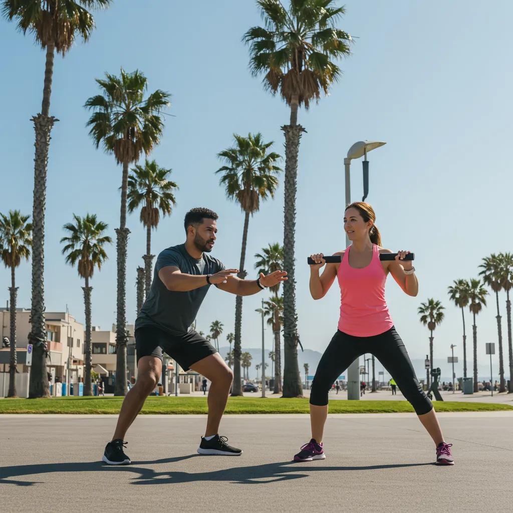 Personal trainer coaching a client outdoors in Santa Monica, showcasing fitness and motivation