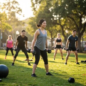 Small group personal training session in Culver City, showcasing diverse participants engaged in fitness activities
