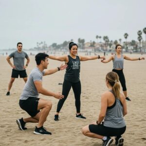Small group personal training session in Santa Monica with diverse participants and a trainer