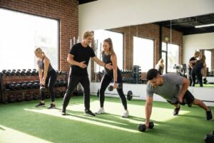 Client training with coach at small group fitness studio in Los Angeles