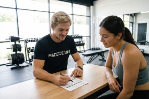 Client meeting with a personal trainer at a small group training studio in Santa Monica