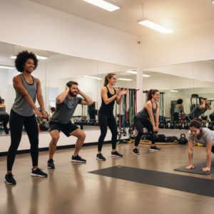 Small group training class with participants performing functional exercises at a fitness studio in Santa Monica